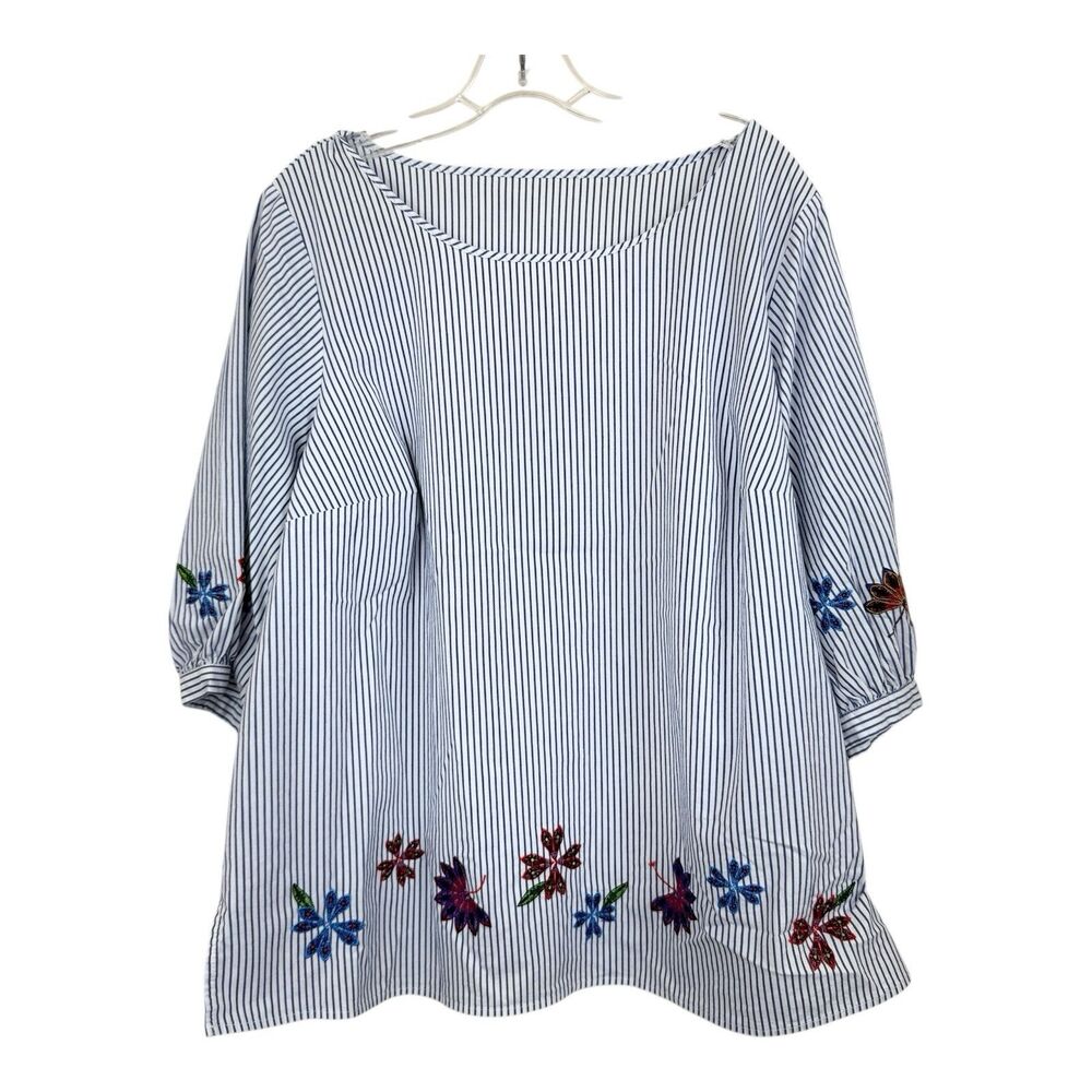 Eloquii Embroidered Tunic Top Plus Sz 2X Blue White Struoed Floral 3/4 Sleeves